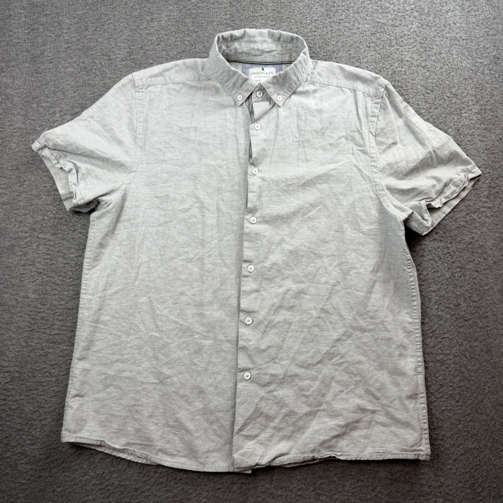 Larsson & Co Button Down Shirt Men's Size M Grey Short Sleeve Cotton Linen Blend